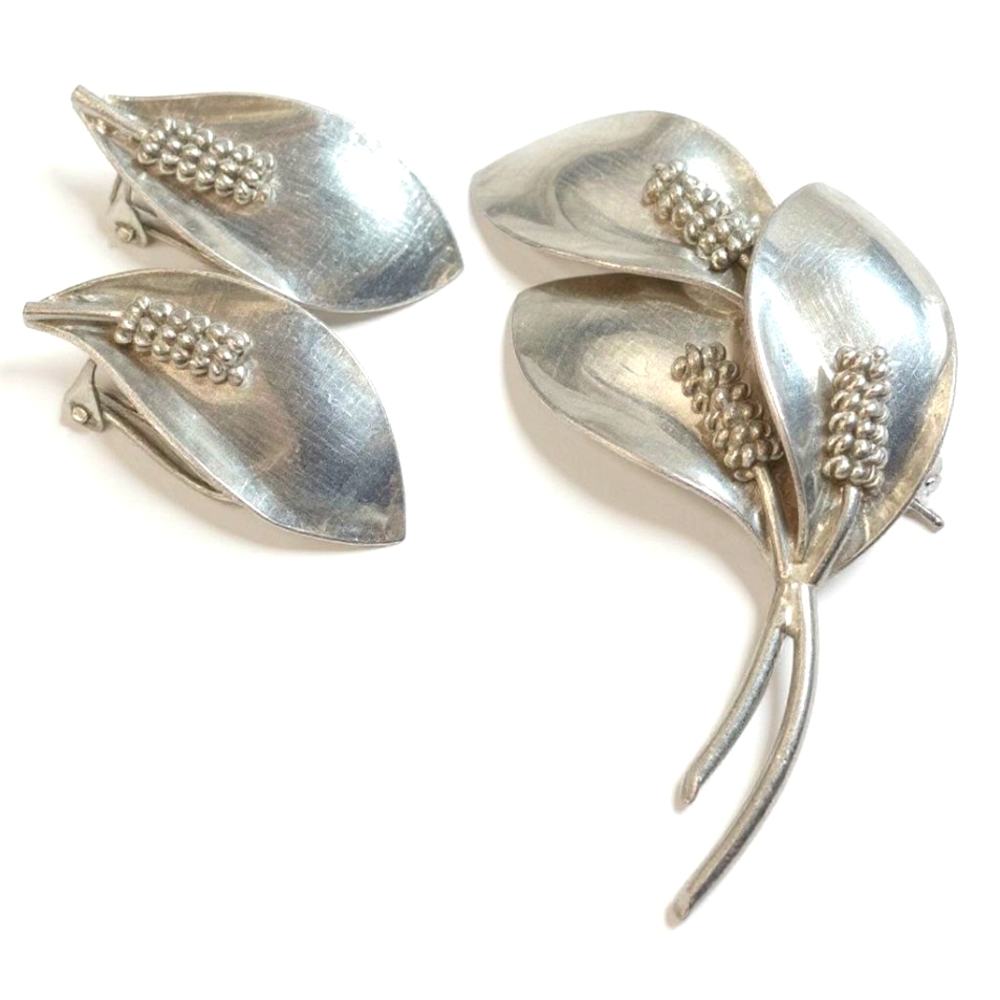 Vintage Aarre Krogh Sterling Silver Brooch Earrings Set Denmark AK